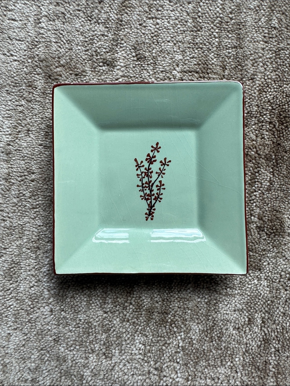 Mint Green Square Decorative Dish with Brown Floral Accent